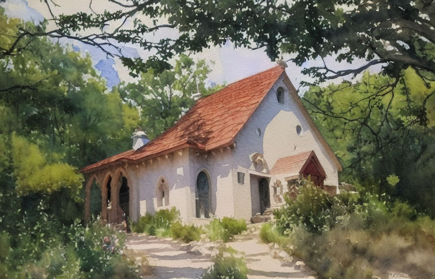 Charming watercolor painting of small cottage in lush greenery