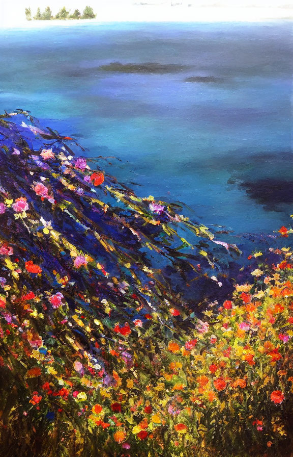 Colorful Flower-Covered Hillside by Calm Blue Sea