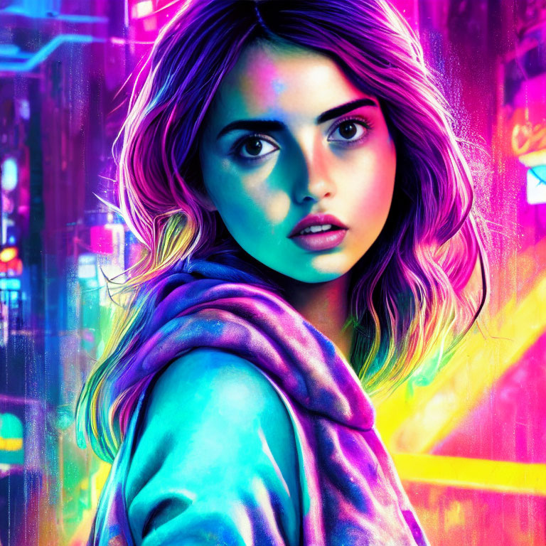 Digital artwork: Young woman with striking eyes in hoodie against neon-lit cyberpunk cityscape