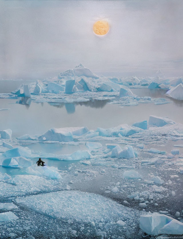 Arctic landscape with low sun, icebergs, and lone figure