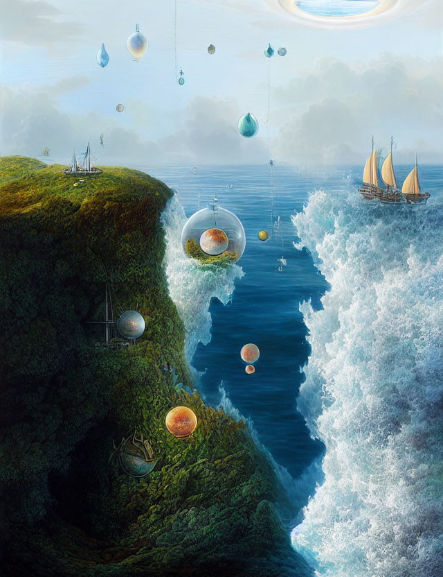 Surreal landscape featuring floating orbs, sailing ship, sea divide, cliffs, and lush greenery