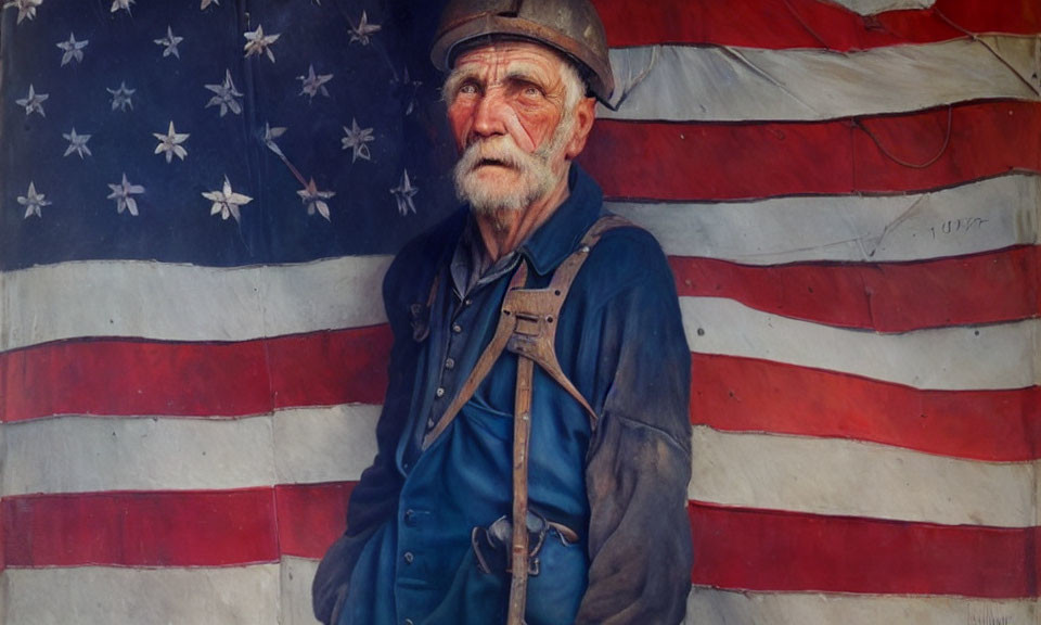 Elderly man in blue attire standing by American flag