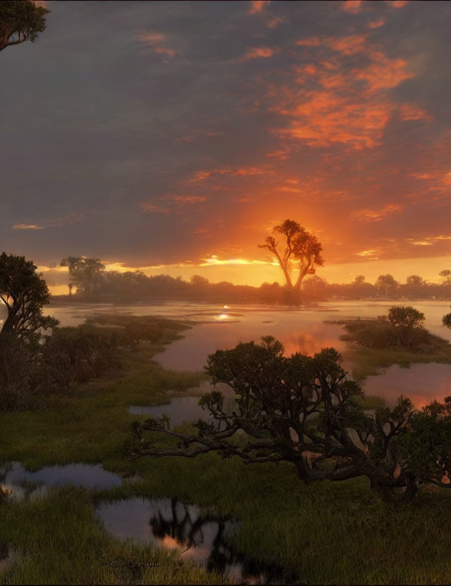 Tranquil wetland sunset with silhouetted trees and vibrant sky