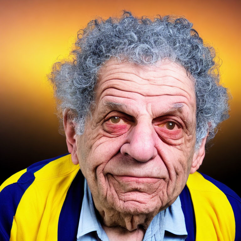 Elderly Man with Curly Gray Hair and Skeptical Expression on Gradient Background