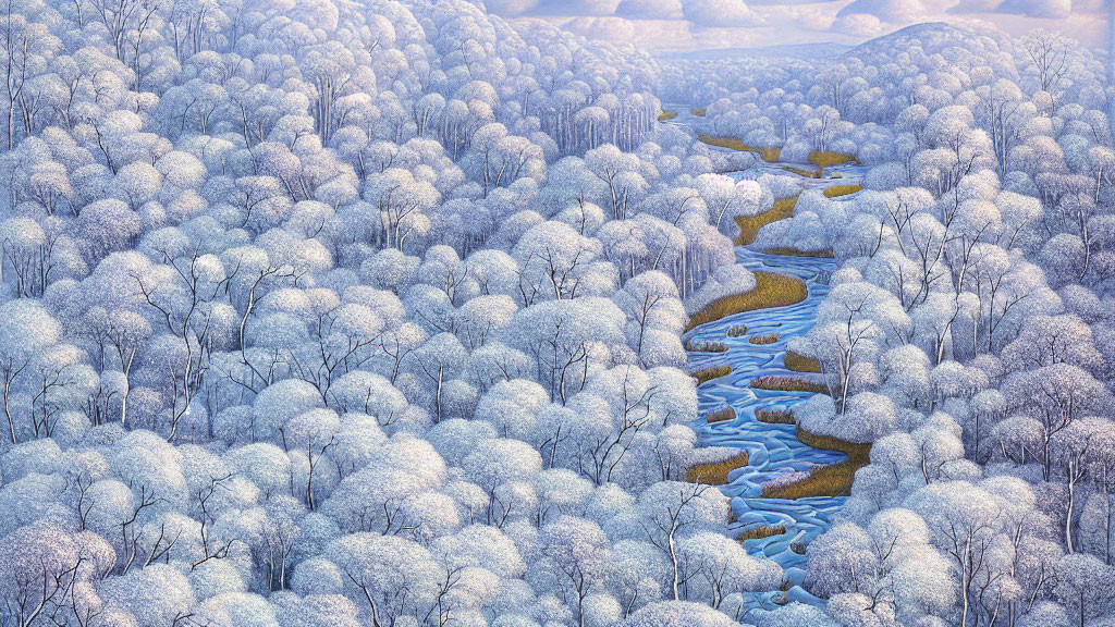 Snow-covered forest and river in serene winter landscape