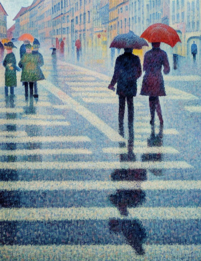 Pedestrians with umbrellas on wet zebra-striped road in rainy cityscape