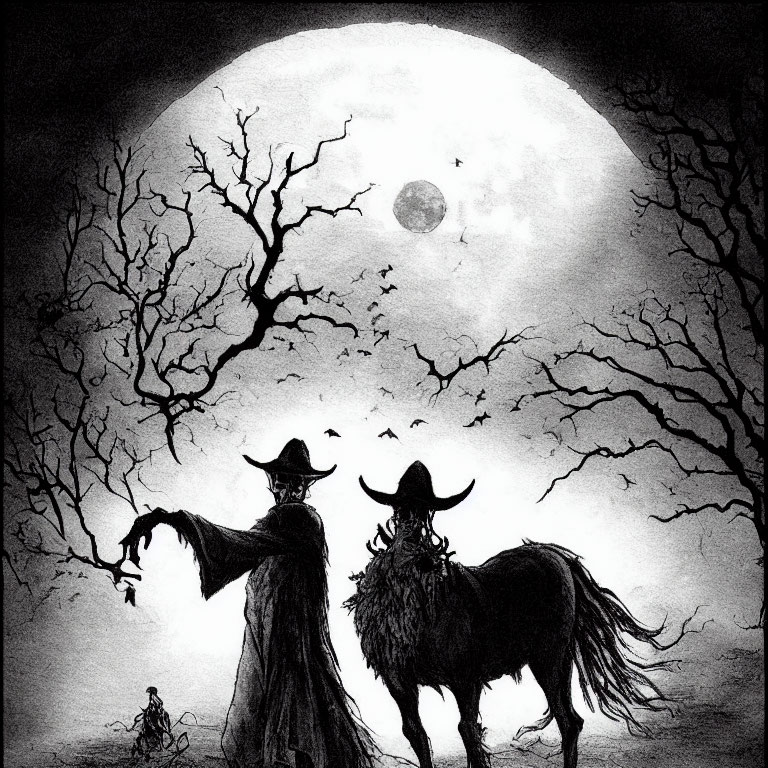 Monochrome silhouette of two figures on horseback under misty full moon