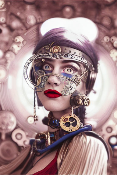 Steampunk-themed woman with ornate headgear and goggles amidst gears