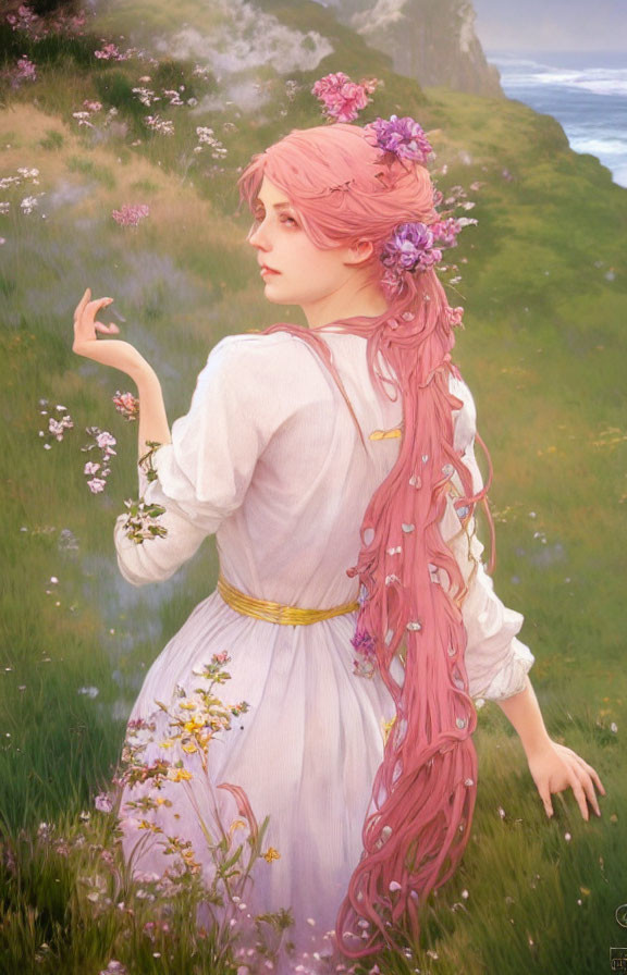 Ethereal figure with pink hair in serene meadow