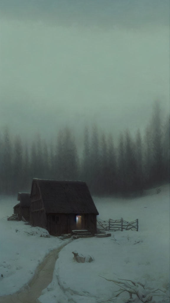 Snowy Landscape: Wooden Cabin with Warm Light in Misty Forest