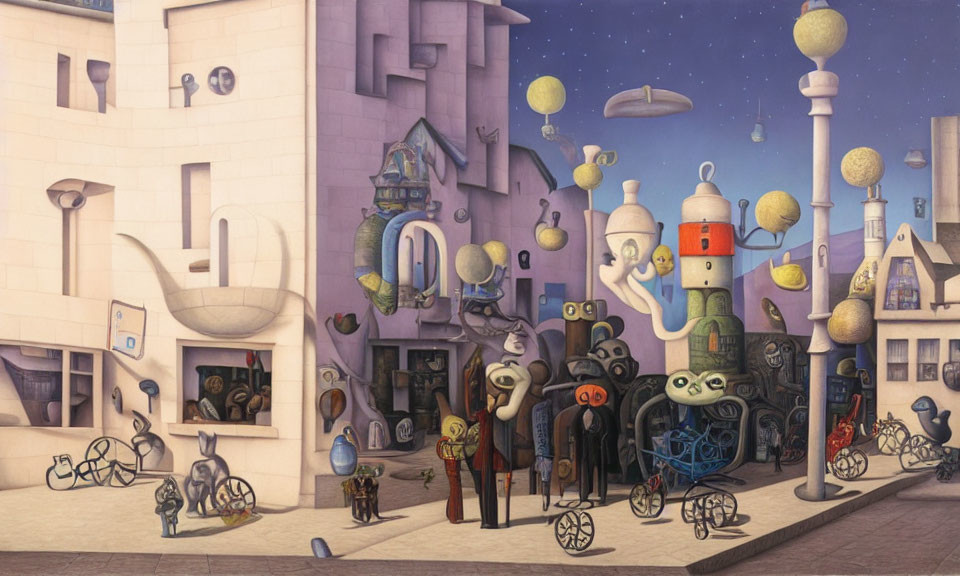 Whimsical anthropomorphic cityscape with floating teapots and surreal creatures