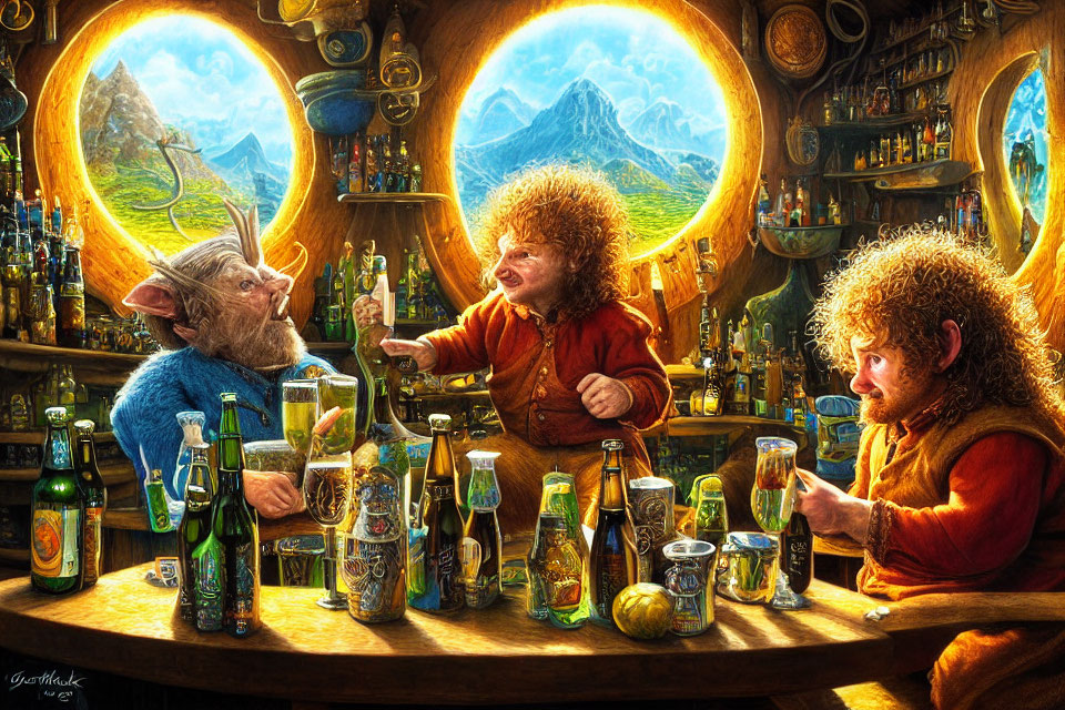 Rustic tavern scene with jovial hobbit-like characters and colorful bottles