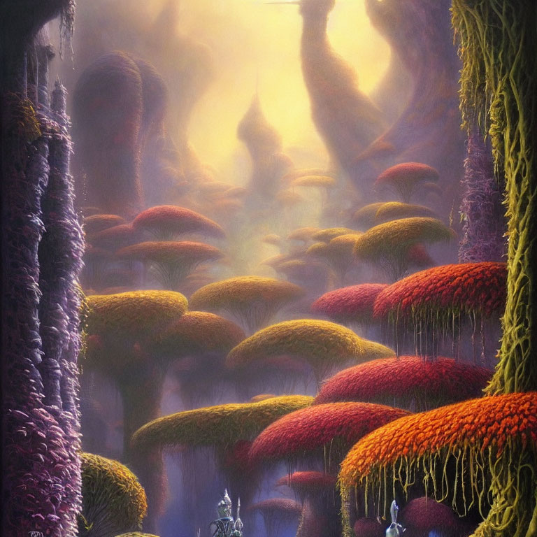Ethereal forest with purple trees, fog, and red-capped mushrooms