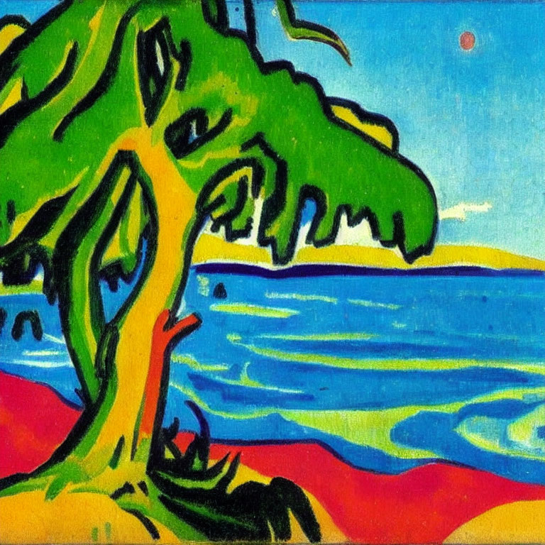 Colorful beach scene painting with bent tree, blue sea, yellow sand, and red sun in vibrant