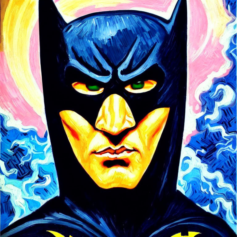 Vivid Batman painting with swirling Van Gogh-style background