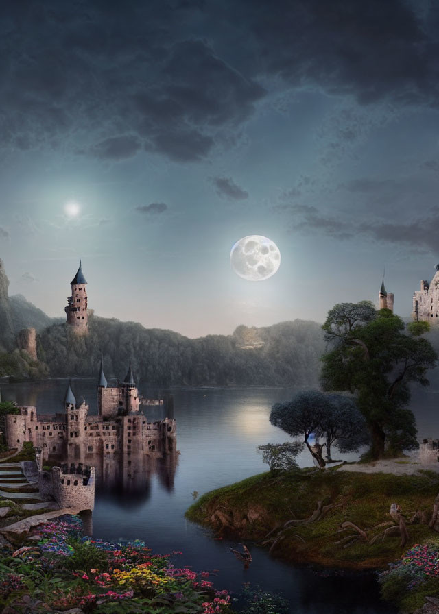 Mystical twilight landscape with full moon over illuminated castle by lake