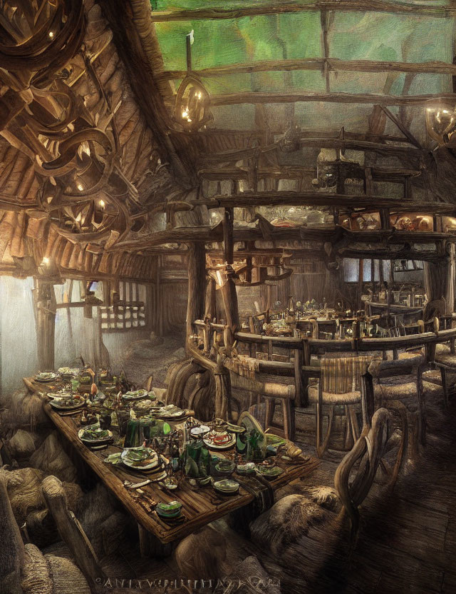 Rustic fantasy-inspired tavern interior with wooden furniture