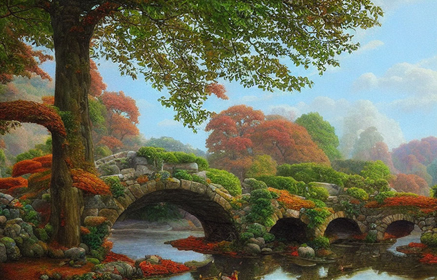 Tranquil river scene with stone bridge and colorful autumn foliage