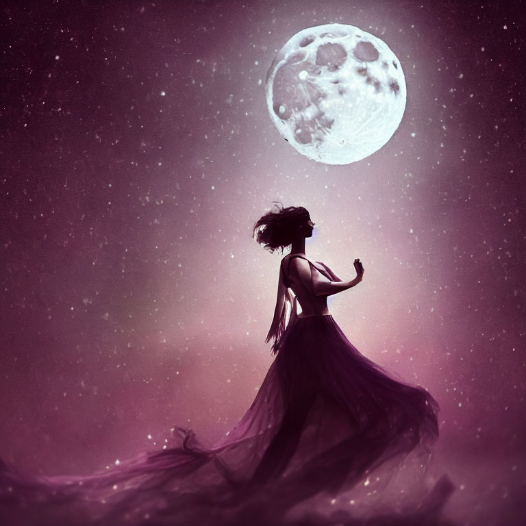 Silhouette of Woman with Flowing Hair and Dress Against Moonlit Sky