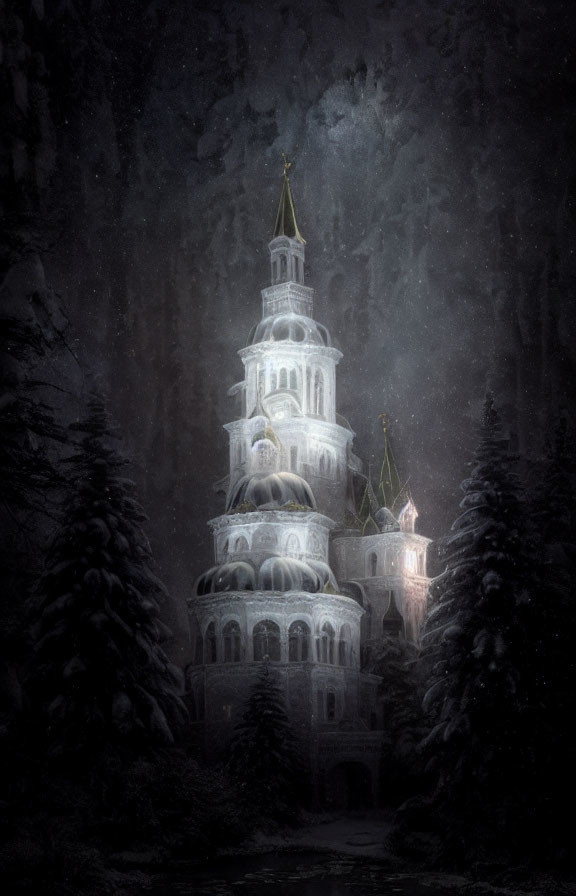 Fantasy castle at night in snowy winter scene