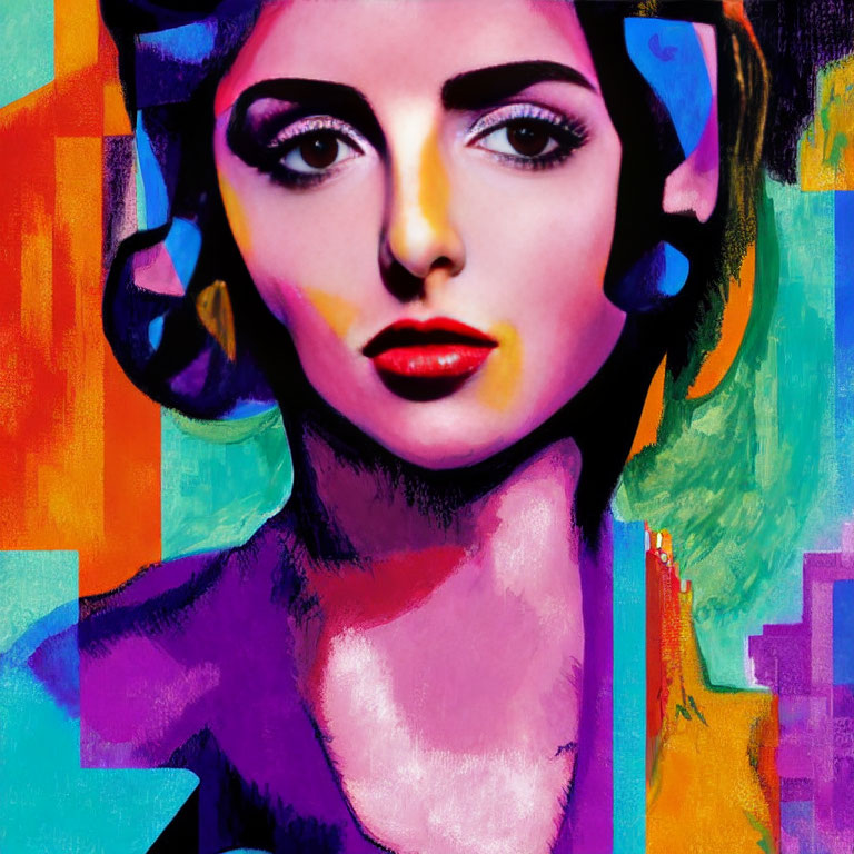 Colorful abstract portrait of a woman with bold makeup and geometric backdrop
