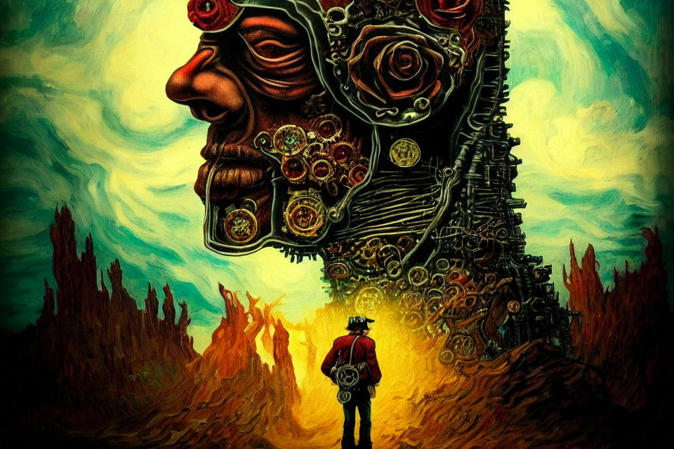 Surreal mechanical head with cogwheels and roses in apocalyptic landscape