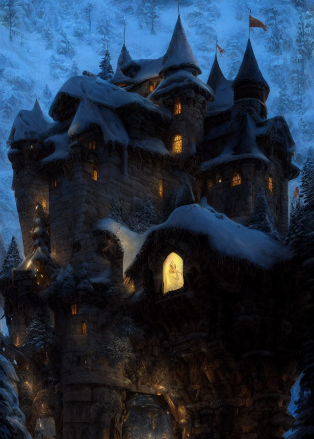 Snow-covered castle windows glowing in wintry forest dusk