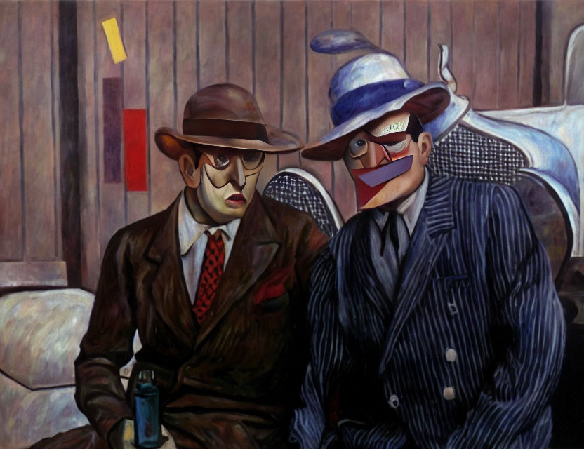 Stylized figures in vintage attire with obscured faces and classic car background