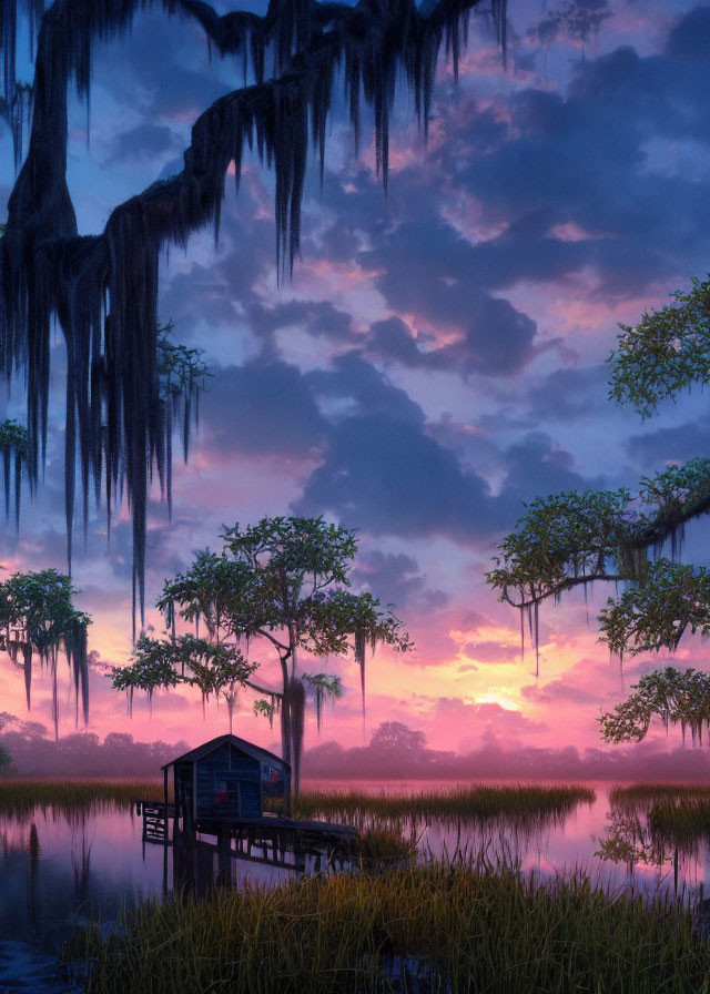 Tranquil swamp scene at twilight with wooden shack, silhouetted trees, and lush grass