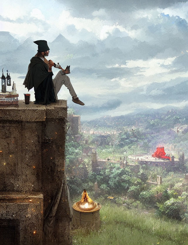 Person in classic attire playing violin overlooking historic city and misty mountains.