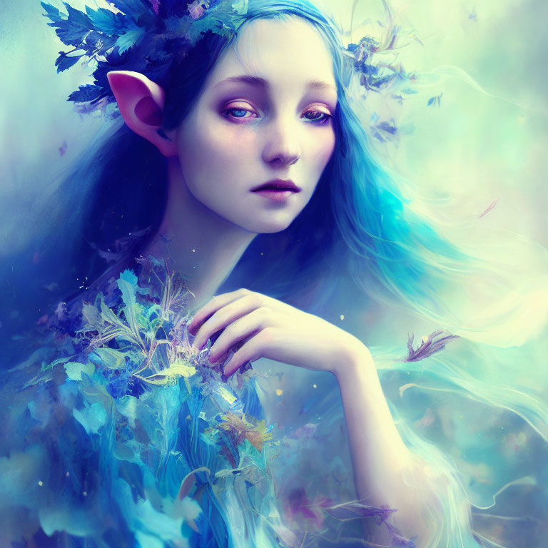 Fantasy portrait of female with pointed ears and blue hair in ethereal setting