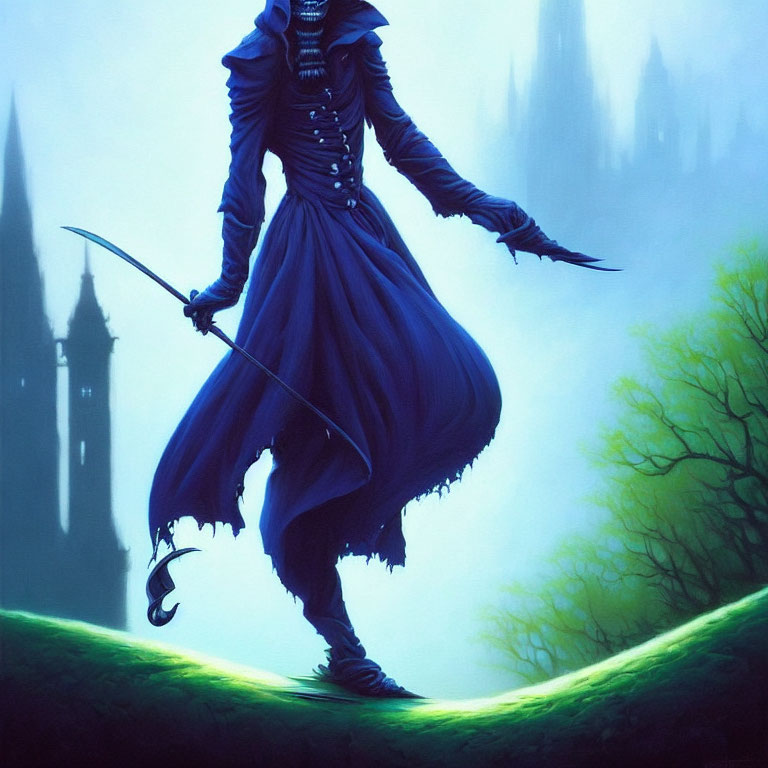 Illustration of figure in dark cloak with sword at misty castle