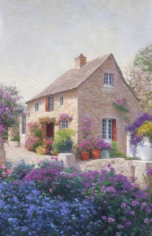 Thatched roof stone cottage with purple flowers and greenery