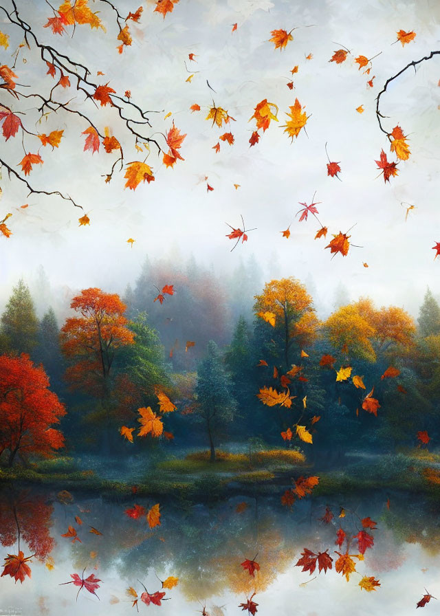 Colorful Autumn Leaves Surrounding Serene Lake