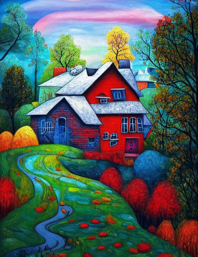 Colorful Landscape Painting with Red House and Blue Roof among Trees