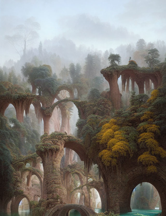 Fantastical misty landscape with towering tree arches over tranquil waters