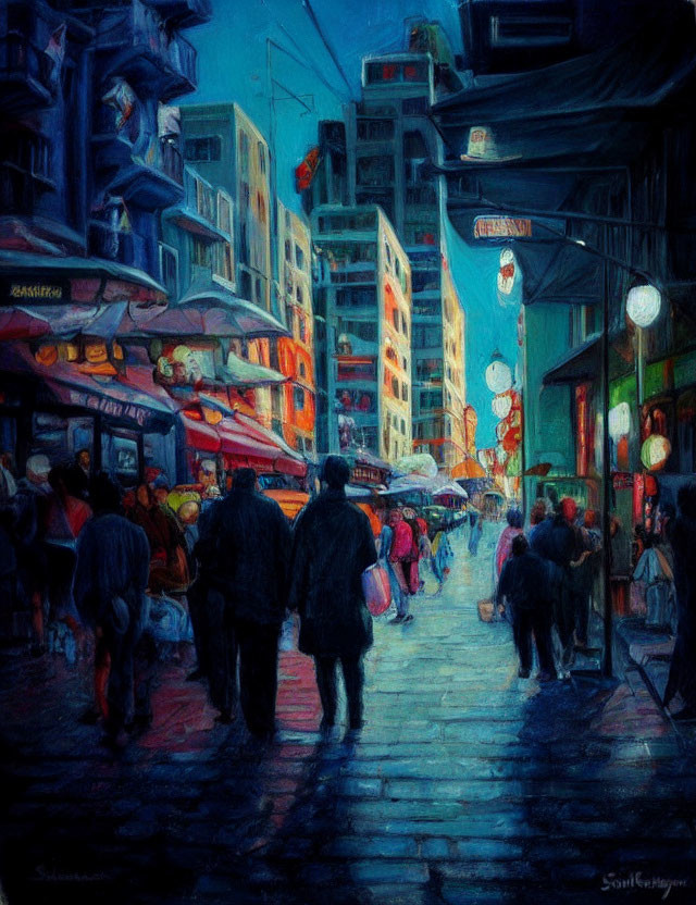 Vibrant evening street scene with people, shopfronts, and lanterns in impressionist style