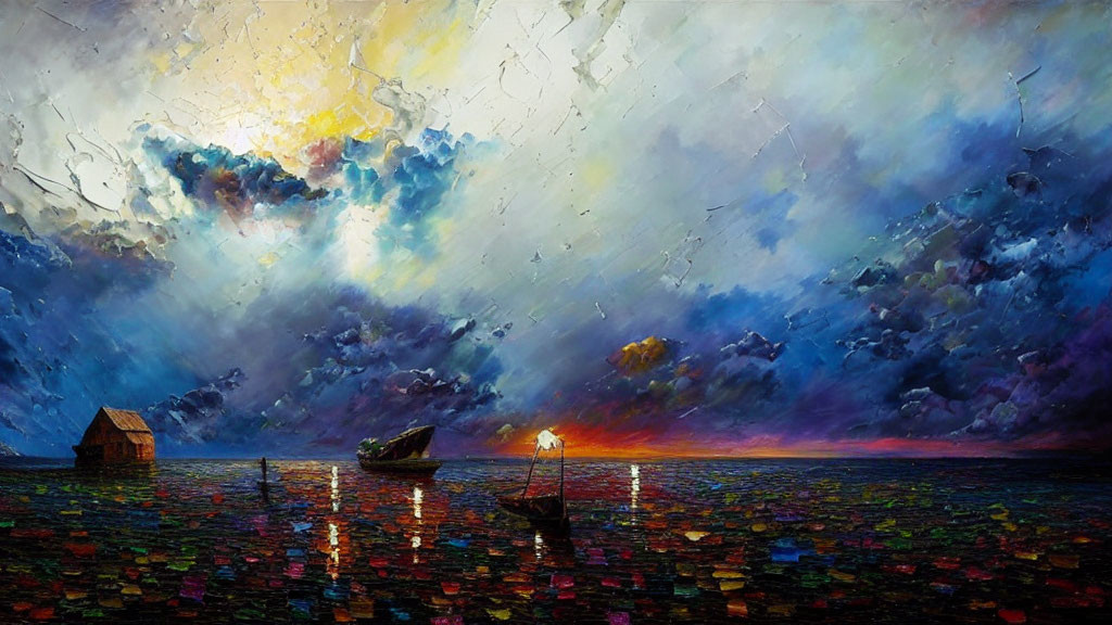 Colorful Stormy Sea Sunset Painting with Boat and House