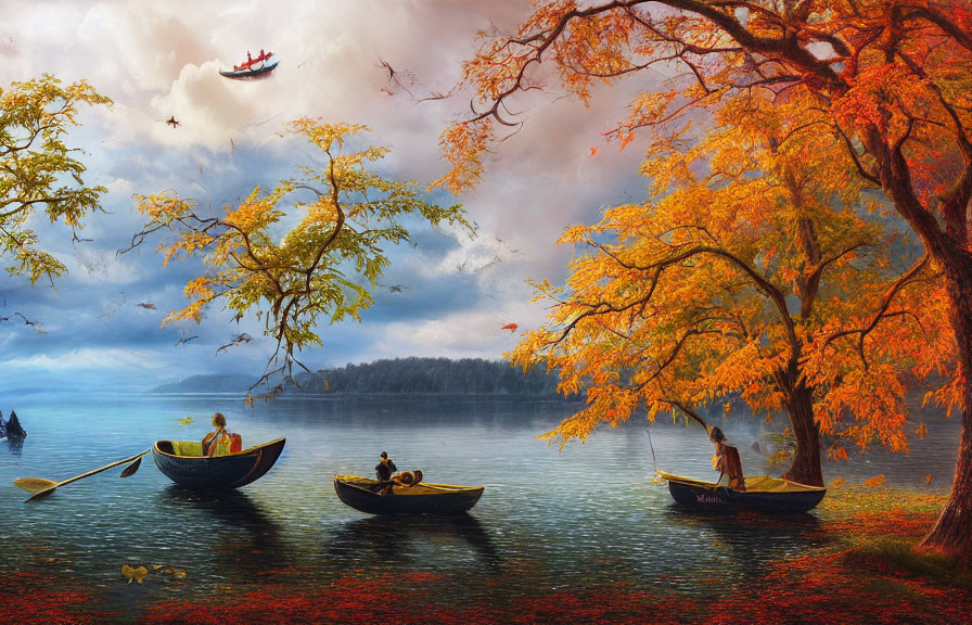 Tranquil autumn scene: orange trees, rowers on lake, flying boat in clear sky