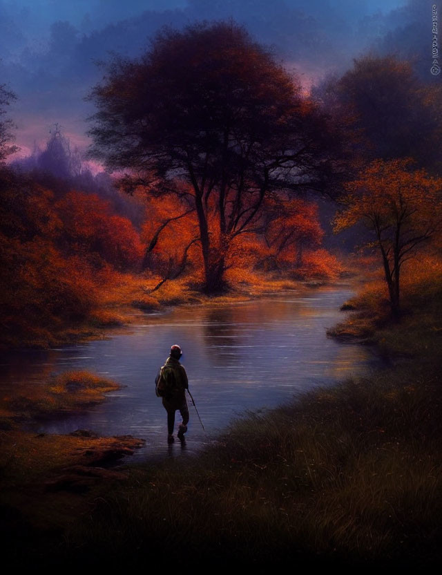 Person wading in stream with autumn trees and castle in misty background