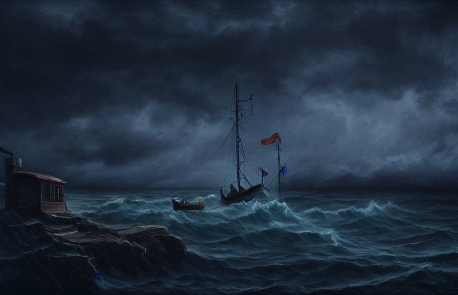 Ship navigating stormy seas near rocky coast under dark sky