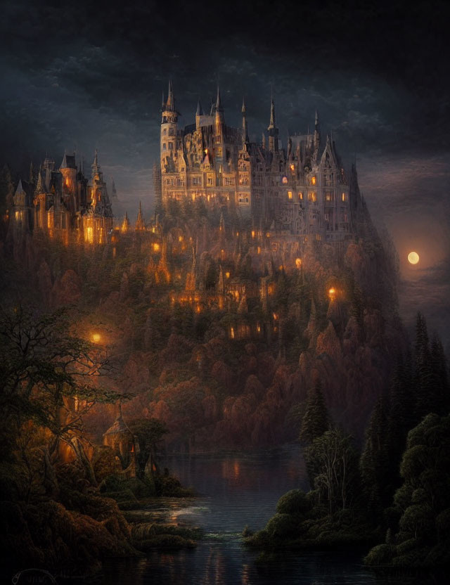 Gothic castle on cliff in mystical forest under moonlit sky