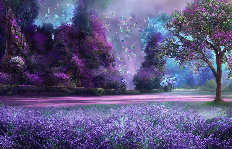 Mystical forest scene with lavender flora, butterflies, and ethereal fog