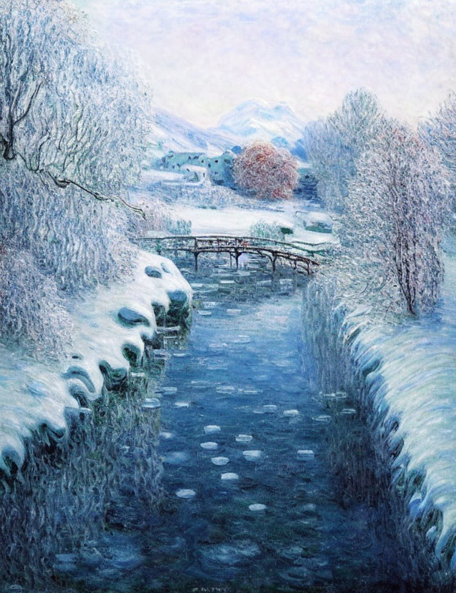 Snow-covered trees, frozen river, wooden bridge in serene winter landscape.