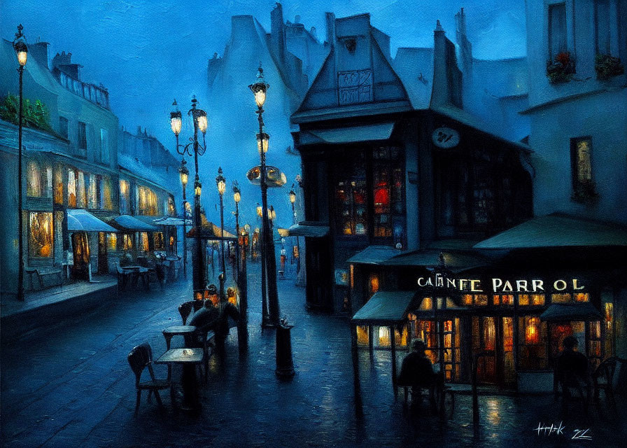 Quaint street and cafe scene with glowing lights and people