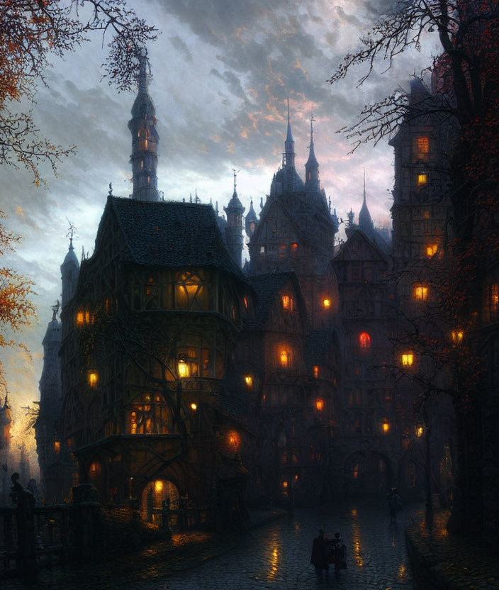 Mystical twilight scene of old Gothic town with warmly lit windows