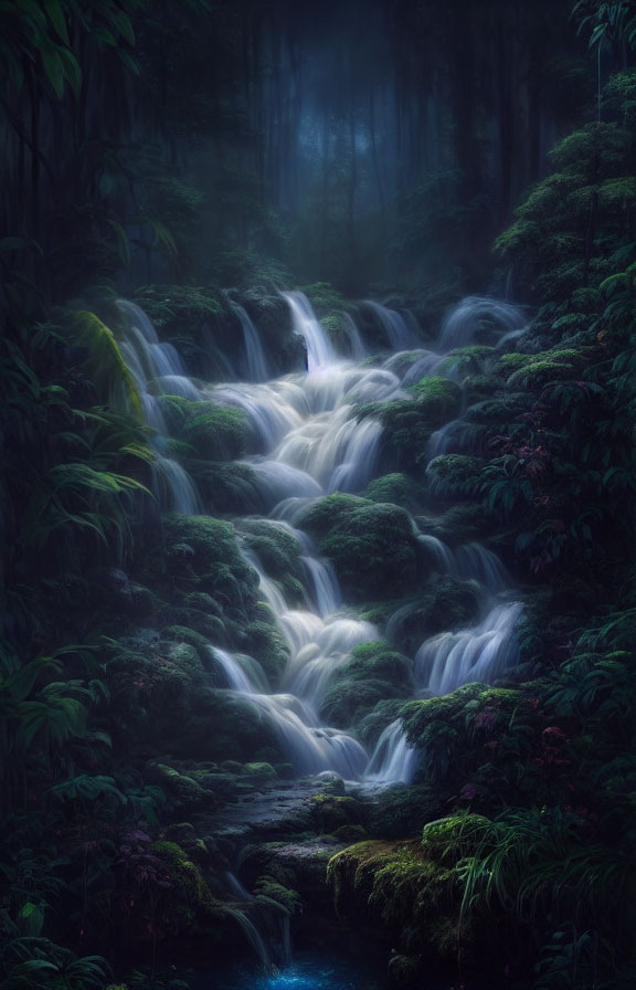 Mystical cascading waterfall in dense, misty forest