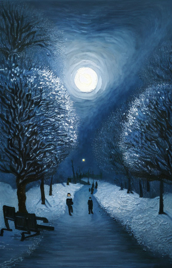 Winter Night Painting: Moonlit Snowy Path with Figures