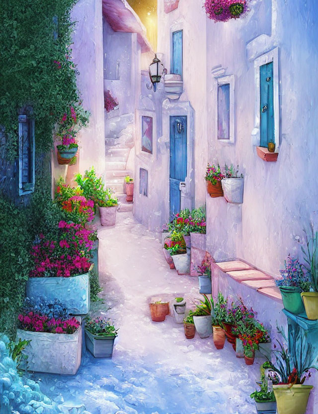 Picturesque alley with vibrant flowers on cobblestone path
