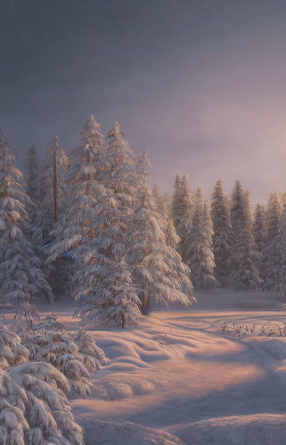 Tranquil snow-covered pine trees in serene twilight hues